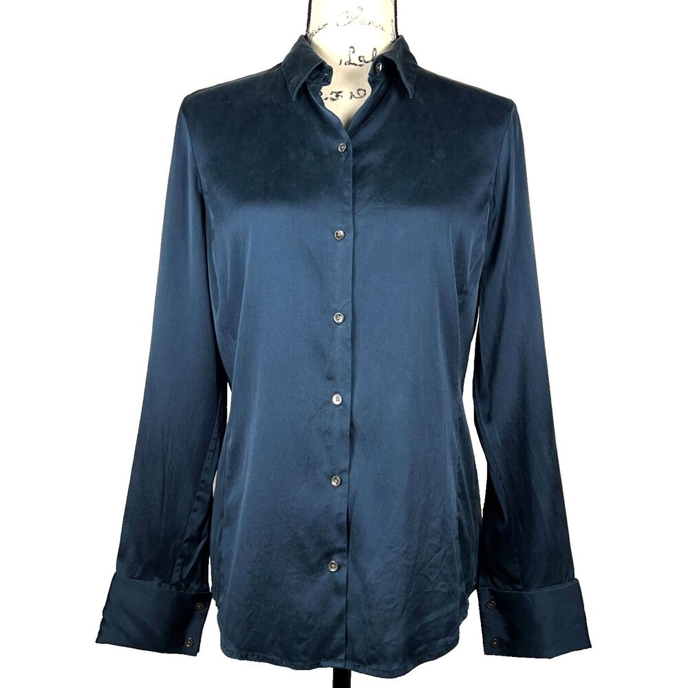 Ann Taylor Stretch Silk Blouse Sz 10 Blue Buttery Satin 2-Button Cuff Shirt Top